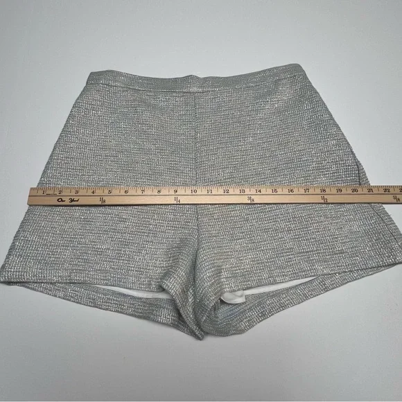 LAVENDER BROWN Silver Blue Tweed Shorts L High Waist Textured Lined Dressy Chic - Picture 10 of 14